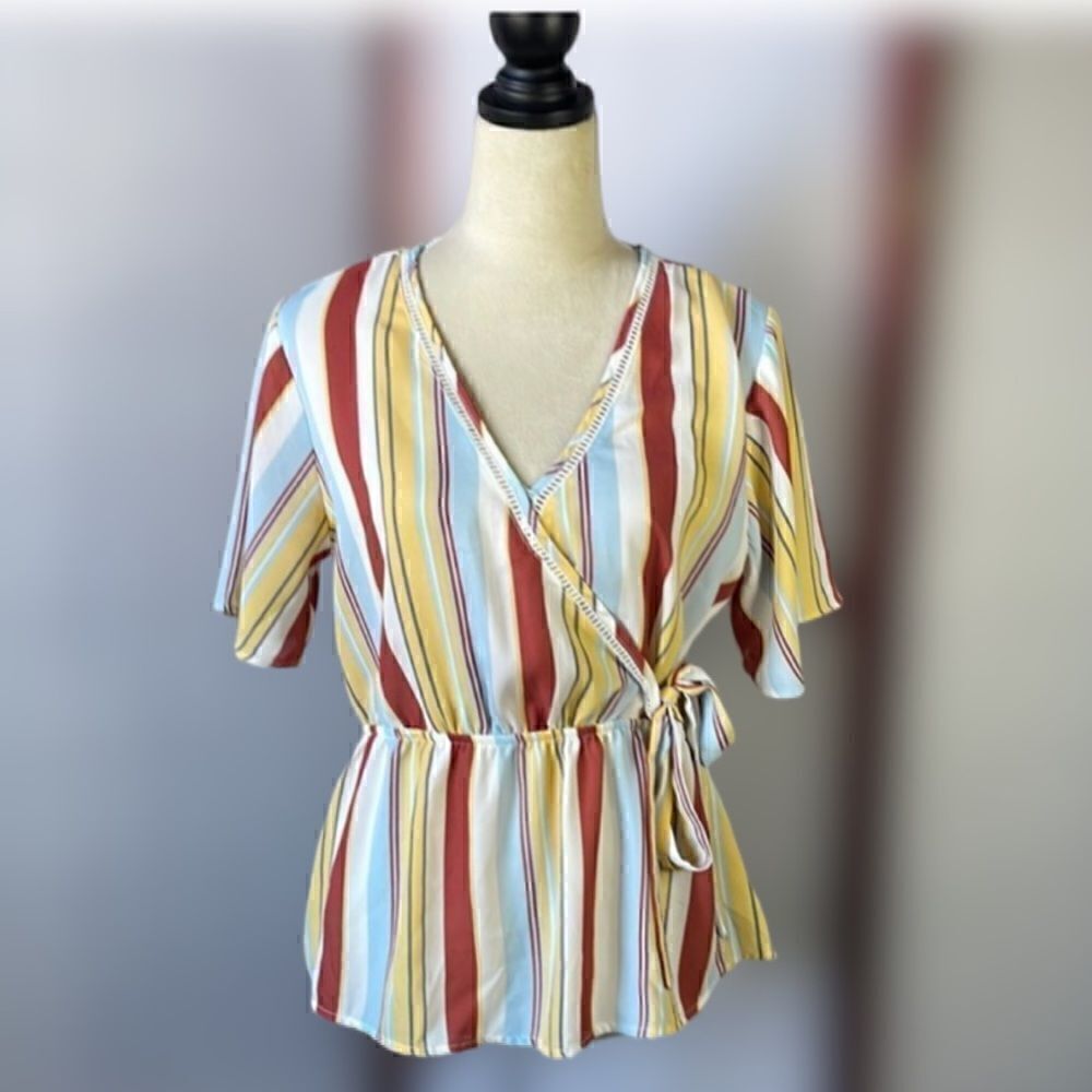 Pink Rose Retro 70s Vibe Faux Wrap Striped Peplum Blouse (Size: Large)